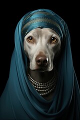 Elegant Dog Portrait in Blue Headscarfand Pearls Digital Art
