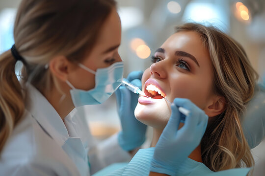 dentist gives an injection of painkiller to a female patient in the gums, dental practice concept 
