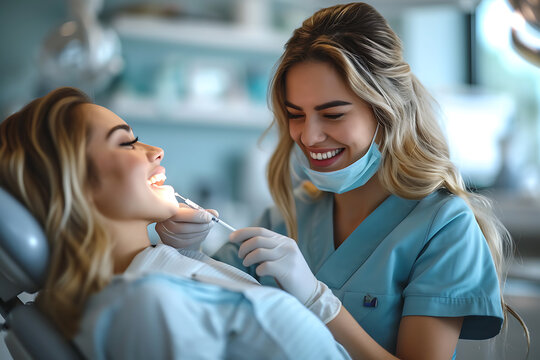 dentist gives an injection of painkiller to a female patient in the gums, dental practice concept 