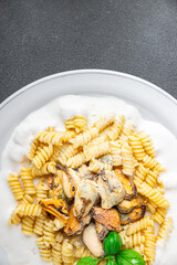 fusilli pasta mussels seafood tasty fresh eating cooking appetizer meal food snack on the table copy space food background rustic top view