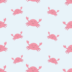 Fototapeta na wymiar Seamless pattern with cute pink crab. Background with a funny sea character in kawaii style. Vector background for print, design, wallpaper, decor, textiles and packaging, eps 10.