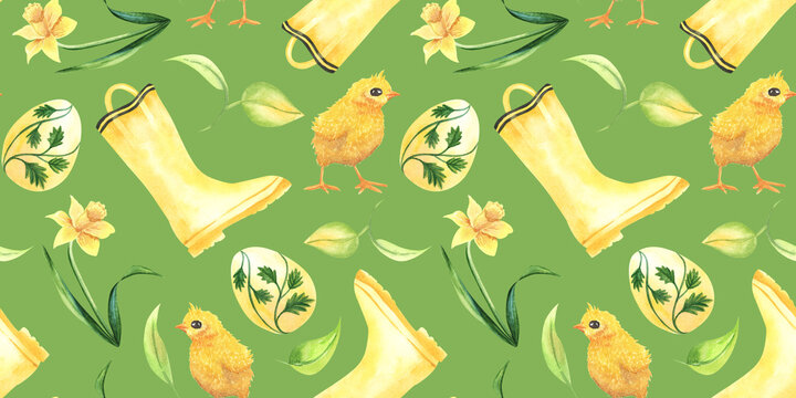 Watercolor seamless pattern with cute yellow chickens and , eggs, leaves, rubber boots, narcissus flowers. Easter background with farm birds. Spring design for textile, fabric, poster, covers.