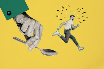 Collage image of funky frightened man escape from spoon which trying to scoop him up and eat like...