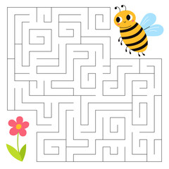 Insects maze game for kids. Cute bee looking for a way to the flower. Printable worksheet with solution for school and preschool.