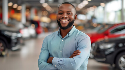 Portrait of happy dark-skinned man standing in car showroom.
