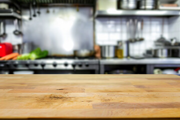 Tabletop in professional restaurant kitchen background