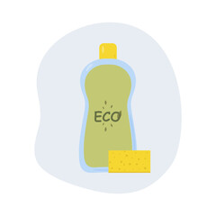 Eco-friendly, non-toxic detergent and dishwashing sponge. Bottle of product on a blue background. Flat vector illustration of washing dishes, cleanliness, cleaning.