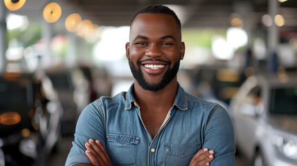 Portrait of a happy dark-skinned man standing in a car showroom. - obrazy, fototapety, plakaty