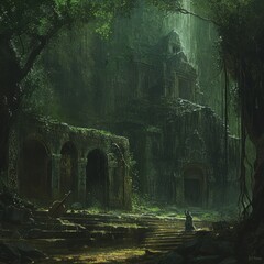 Ancient Forest Ruins: Mystical Sunlight and Overgrowth