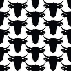 Decorative seamless pattern with cow heads. Grill concept. Black and white pattern in doodle style. Print for textile, wallpaper, covers, surface. For fashion fabric. Retro stylization.