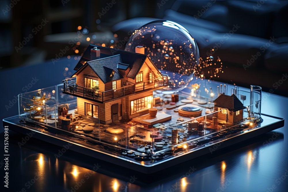 Poster smart home setup. a modern living space equipped with smart home devices like smart lights, tv and v