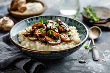 Homemade creamy risotto with brown champignon mushrooms and parsley. Generative AI