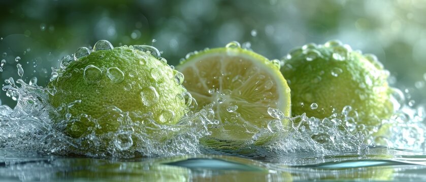 A few photos of green lemon and water, with a light green and transparent texture style,generative ai