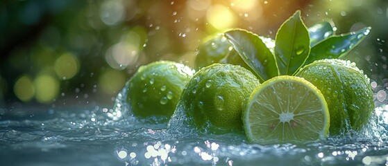 A few photos of green lemon and water, with a light green and transparent texture style,generative ai - obrazy, fototapety, plakaty