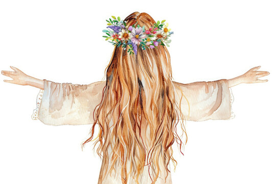 girl with arms outstretched, flower wreath on her hair, rear view, watercolor drawing