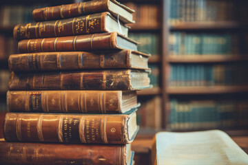 Stack of antique leather books in library. Pile of ancient books. Generative AI
