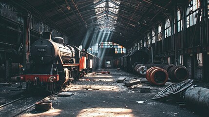 A maze of decaying tracks and forgotten platforms weave through the abandoned railway depot. - obrazy, fototapety, plakaty