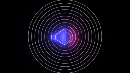 Isolated on a black backdrop, glowing neon speaker volume, audio speech sound symbol, and media music icon.