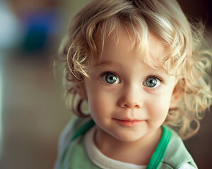 Close-Up Photo of an Adorable Child with Marvelous Light Curls, Gazing with Naive Wonder from Bright Green Eyes, Capturing the Pure Beauty of Youth