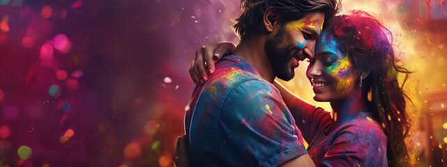 couple in love having fun with holi paint at Holi party