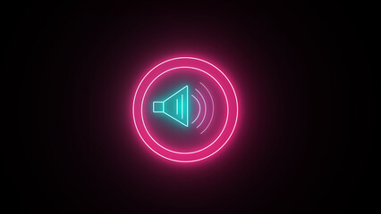 Isolated on a black backdrop, glowing neon speaker volume, audio speech sound symbol, and media music icon.