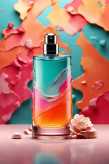 Perfume bottle with colorful splashes on pink and blue background