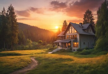 house with sunset in forest landscape - obrazy, fototapety, plakaty