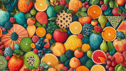 Fototapeta na wymiar Vegetarian wallpaper with colorful fresh fruits vegan mosaic 4K