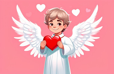 An angel boy with big white wings smiles and holds a red heart in his hands, on a light pink background. Valentine's Day, love, feelings.