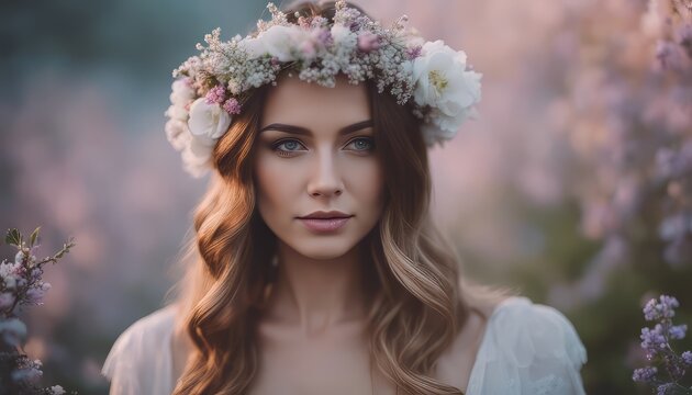 pretty woman wearing flower crown walking in flower blossom in the mist dreamy atmosphere