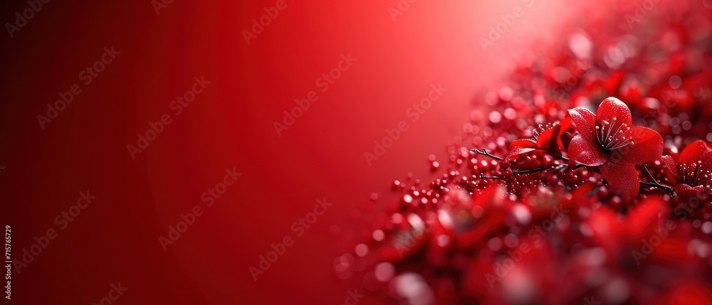 Poster  a close up of a red background with water drops on the petals of the flowers and the petals are red and the background is red and the background is red.