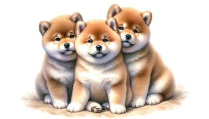 A gentle watercolor painting of fluffy Mame Shiba puppies, showcasing their soft fur and adorable expressions