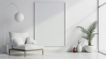 3d empty mockup frame set within a contemporary interior. A chic and stylish white lounge space featuring a modern floor lamp ,lush potted palm and blank frame.
