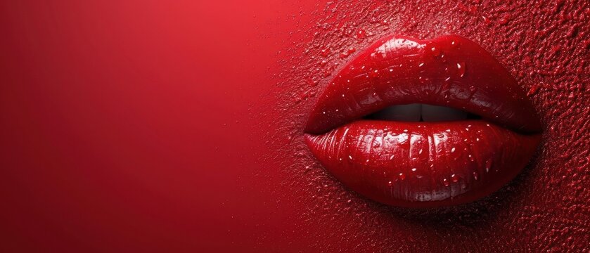  a close up of a woman's lips with water droplets on the lips and a red wall in the background and a red wall with a red wall in the foreground.
