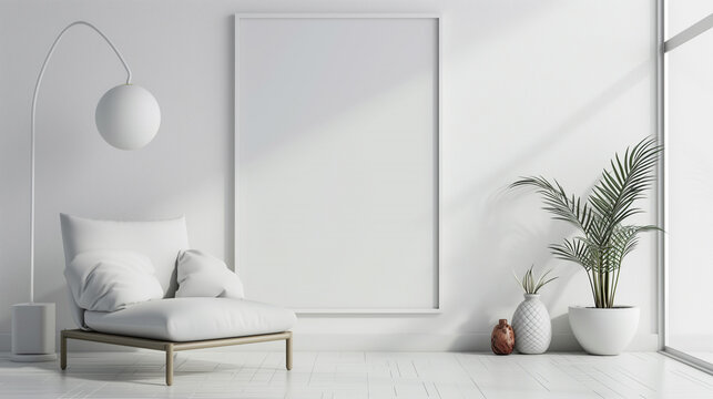 Fototapeta 3d empty mockup frame set within a contemporary interior. A chic and stylish white lounge space featuring a modern floor lamp ,lush potted palm and blank frame. 