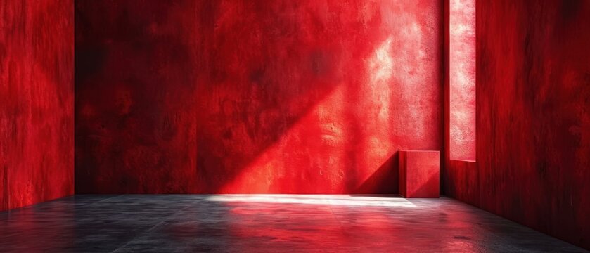  an empty room with a red wall and a red light coming through the window and onto the floor with a red light coming through the window and onto the floor.