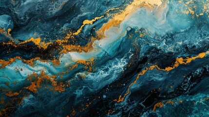 Abstract art of fluid colors in blue and gold mix. Marble background.