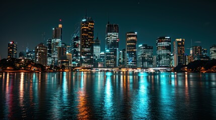 Fototapeta premium Nighttime cityscape with illuminated buildings mirrored in calm water.