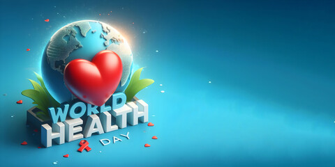 3D render of earth globe with red heart and 3d text World Health Day on blue background, banner with space for text