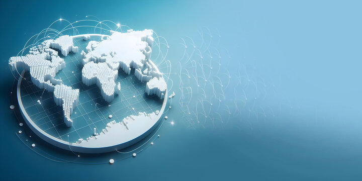 Fototapeta 3d world map on blue background, banner with space for text