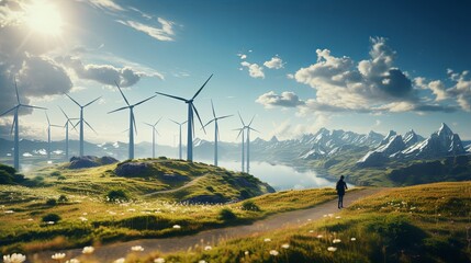 Wind turbines are alternative electricity sources, the concept of sustainable resources, People in the community with wind generators turbines, Renewable energy - obrazy, fototapety, plakaty