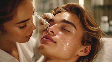 Botox injection in the face of a man. Beauty and youth treatment