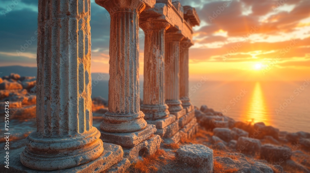 Canvas Prints  a row of pillars sitting on top of a rocky hillside next to the ocean with the sun setting over the ocean in the backgrouund of the horizon.