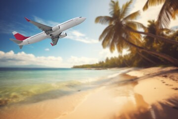 Airplane flying over beautiful tropical beach at sunny day
