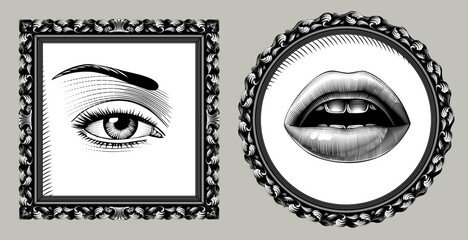 Round and square retro decorative frames with vintage engraved drawing of female eyes and lips on white. Vector illustration