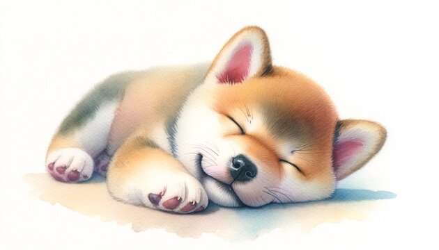 A gentle watercolor painting of a Mame Shiba puppy sleeping soundly after playing.