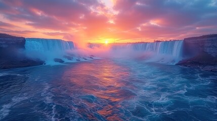  the sun is setting over a waterfall with a waterfall in the foreground and a body of water on the other side of the waterfall is a body of water.