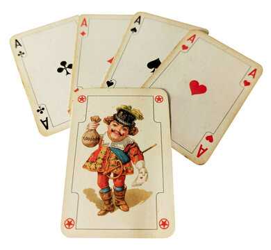 Photo of playing miniature retro cards, cute Joker Ace. Symbolic cards of colorful vintage Joker with a bag of coins and lucky aces attached. Object white isolated.