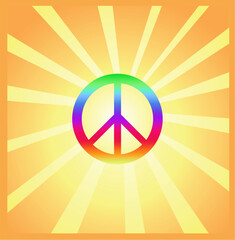 1960’s or 1970’s Hippie Style Art Poster with yellow sunburst and multicolored peace sign