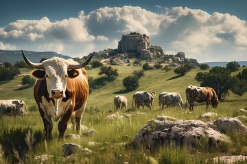 A longhorn cattle ranch, with a herd grazing peacefully against the backdrop of a picturesque Texas hill country.